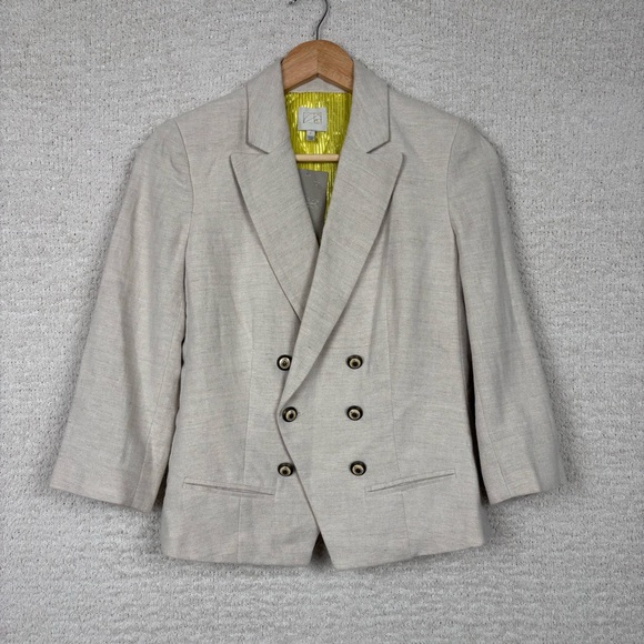 Anthropologie Blazer Womens 2 Cream Double Breasted‎ Lined Padded 3/4 Sleeve